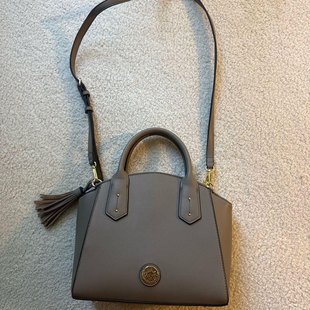 ANNE KLEIN Taupe/Grey Crossbody Tote Bag with Tassel
